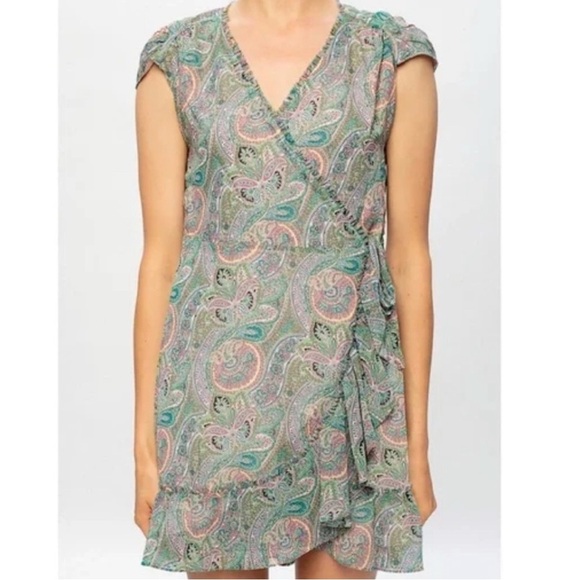 ALLSAINTS Zini Shahmina Paisley Wrap Mini Short Sleeve Dress Green Pink size 6 - Picture 5 of 17